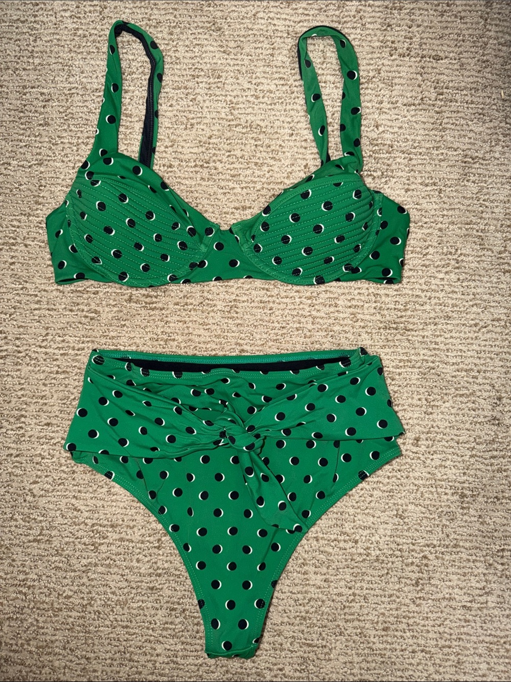 devon windor green black polka dot bikini bra top high rise tie bottom